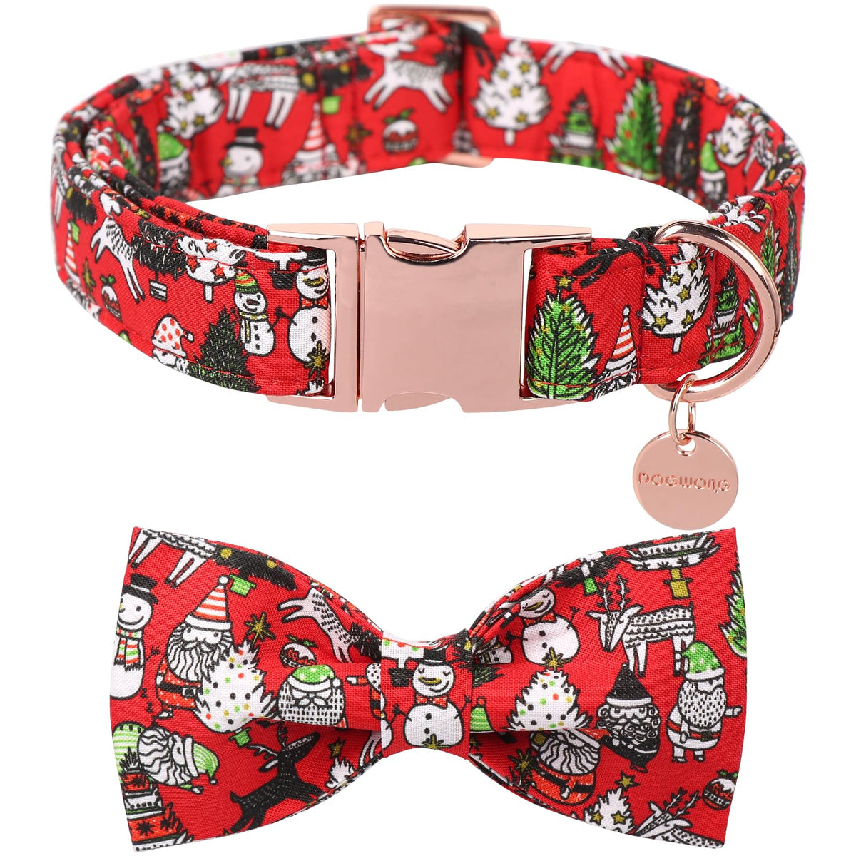 DOGWONG Christmas Holiday Dog Collar with Bowtie Red Santa Cotton Dog Collar Durable Soft Natural Fabric Cute Pet Dog Collar for Small Medium Large Dog