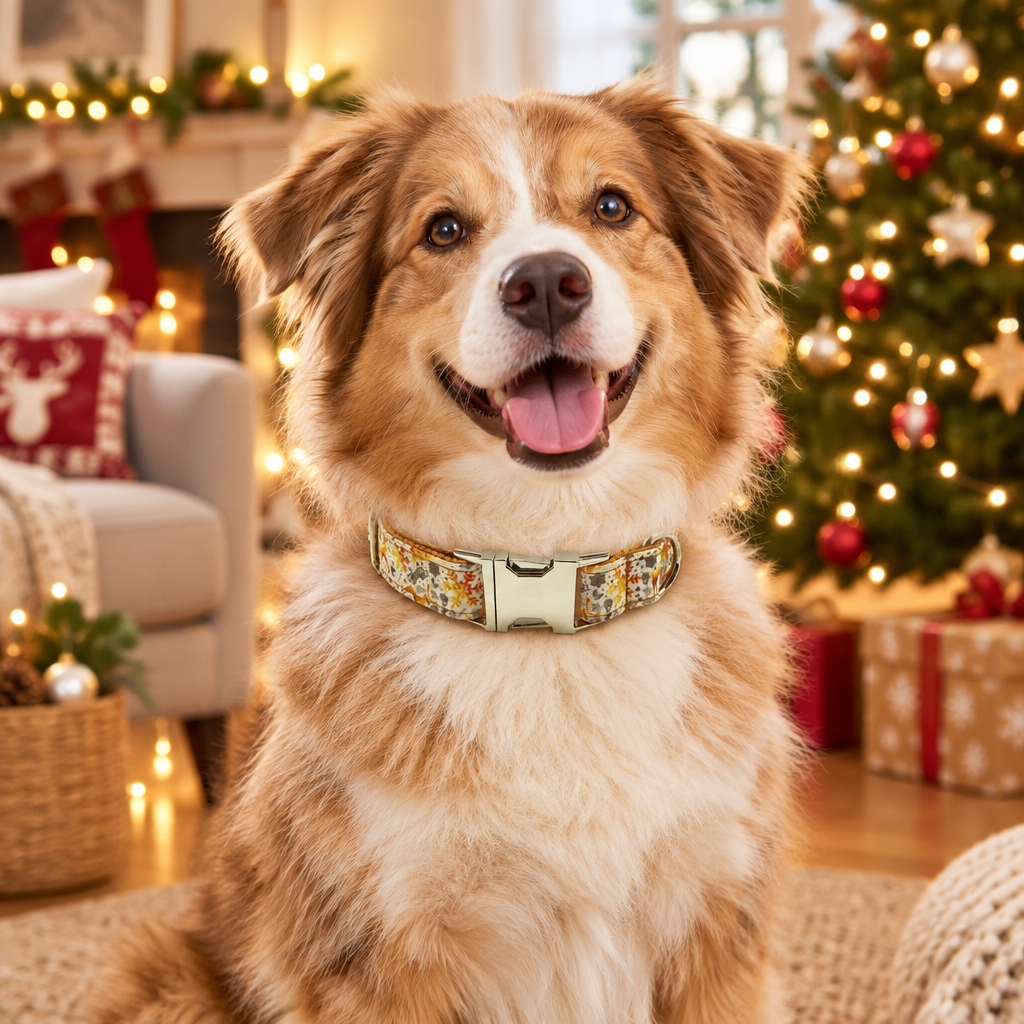 Happy dog wearing the Handmade Golden Christmas Dog Collar by a Christmas tree