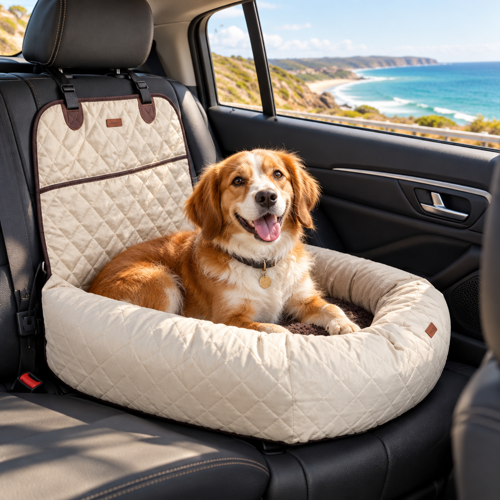 Happy dog relaxing in the quilted Pet Car Bed on a car's back seat with a coastal view